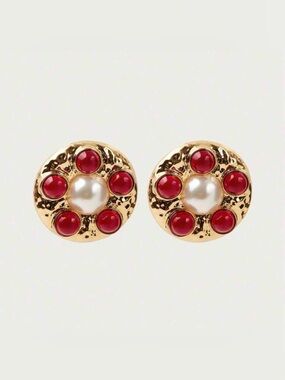 Gold-Tone Pearl & Red Cabochon Disc Earrings